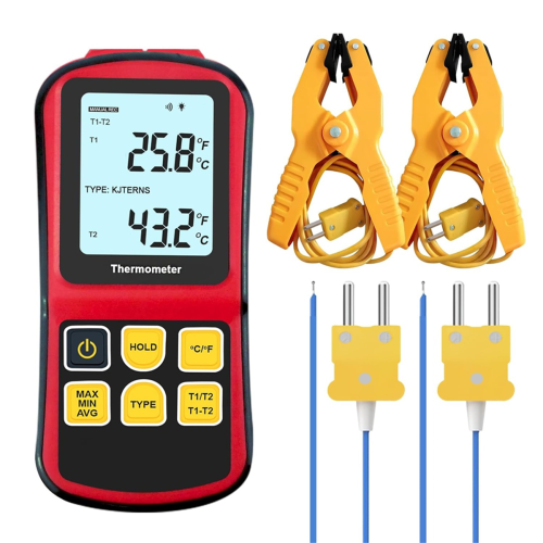 Termometro digitale a termocoppia tipo K, con 2 sonde cablate a morsetto per la temperatura 1