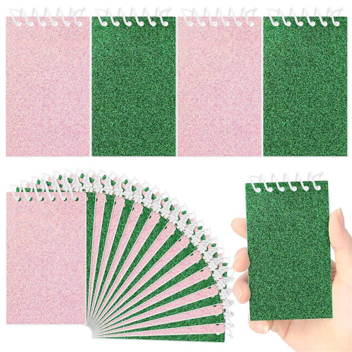 24 mini blocchi note rosa e verdi, bomboniere per feste a tema mago, con copertina glitterata a spirale