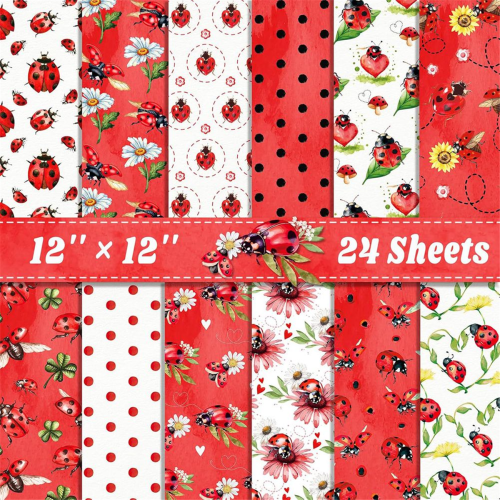24 Sheets Scrapbook Paper 12inch X Double-Sided Bows Pattern Decorative Decoupage Cardstock Ladybug 1