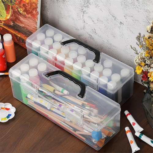 2 PCS Clear Acrylic Paint Storage Box with Handle, Portable Craft Organizer, Plastic 2
