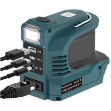 180-W-Wechselrichter mit LED-Arbeitslicht für 18-V-Li-Ionen-Akku, DC 12-V-Steckdose, USB/Typ-C, EU-STECKER