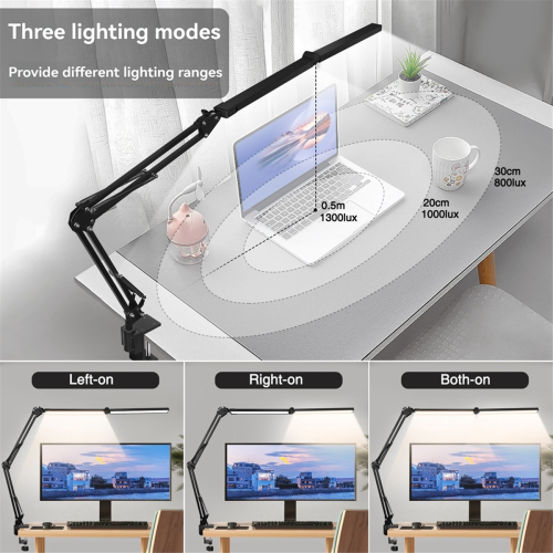 Double Head LED Desk Lamp with Clamp Swing Arm Eye-Caring Dimmable Light,Table EU Plug 2