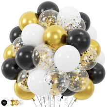 100pc Gold Black and White Balloons with 12in Metallic Confetti for Class of Graduation Ceremony