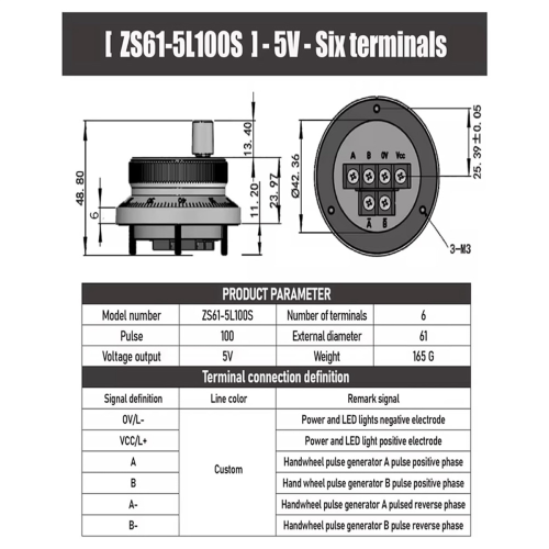 5V CNC Electronic Handwheel, 6 Terminal 100PPR Manual Pulse Generator Hand Wheel Rotary Knob Encoder with Handle 60mm 2
