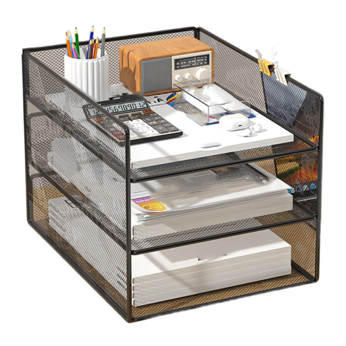 Office File Organizer Metal Mesh Desk with Three Layer Design Multifunctional Holder Storage Rack Black 1