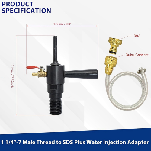1 1/4In-7 Male to SDS Plus Drill Adapter Kit- Water Injection Capable,Includes Solid Brass Hose Quick Connector and 2