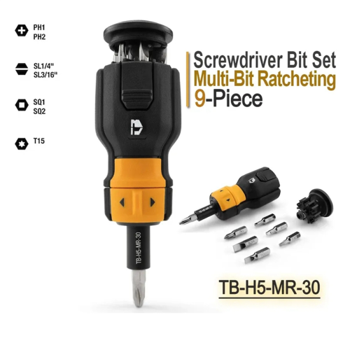TB-H5-MR-30 Multi-Bit Ratcheting 9-Piece Bi-Material Handle Assorted Drive Screwdriver Set 2