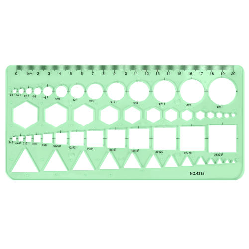 Green Plastic Circles Squares Hexagons Geometric Template Ruler 0-20cm