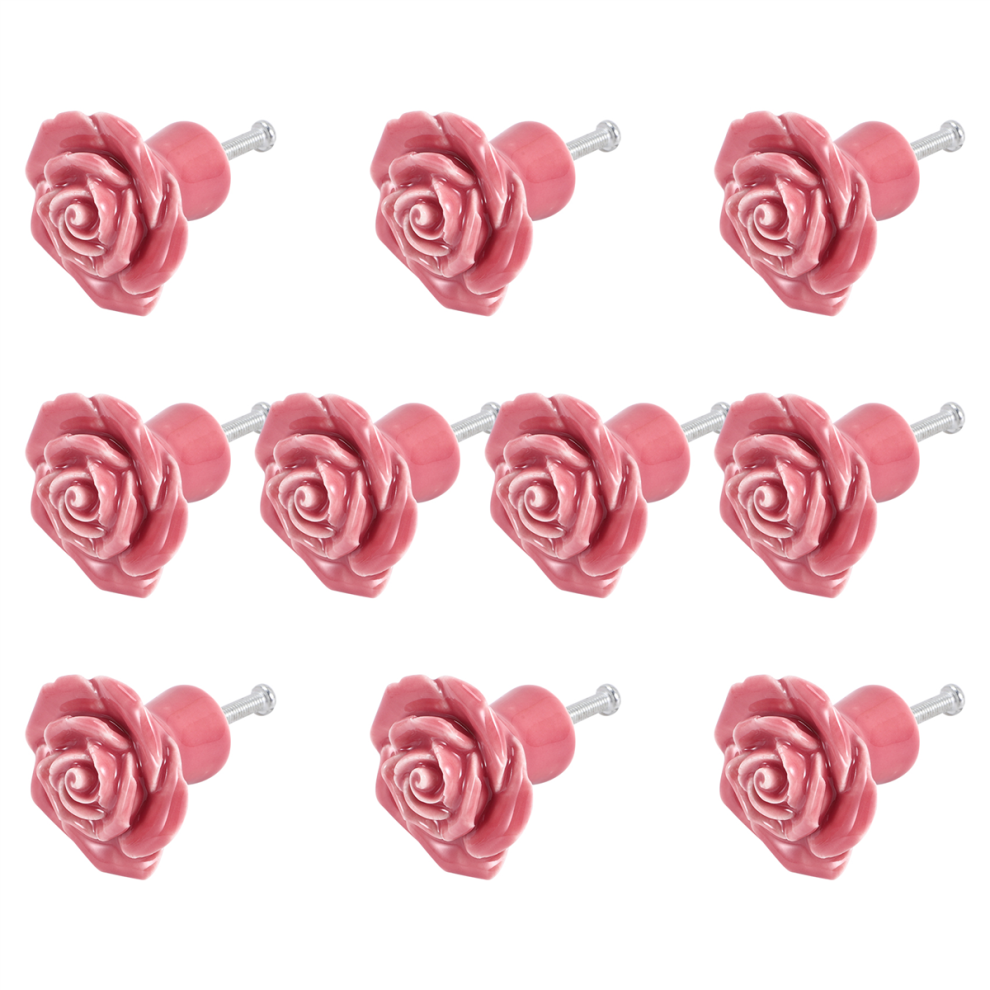 10 stuks keramische vintage bloemendeurknoppen met handgreep, lade, keuken + schroeven (roze)