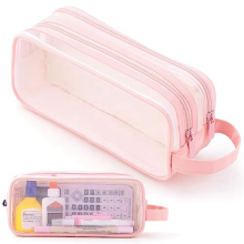 Trousse à crayons en maille transparente à 2 compartiments pour stylos, maquillage, pour adolescents, étudiants et étudiants - Bleu