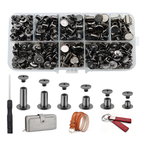 150Sets Chicago Screws Assorted Kit,6 Sizes Round Flat Head Leather Rivets M5 Binding for Decorate Black