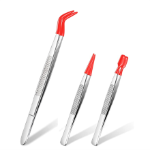 3-delige pincet met rubberen punten, PVC-gecoat, rechte en platte punt, rood