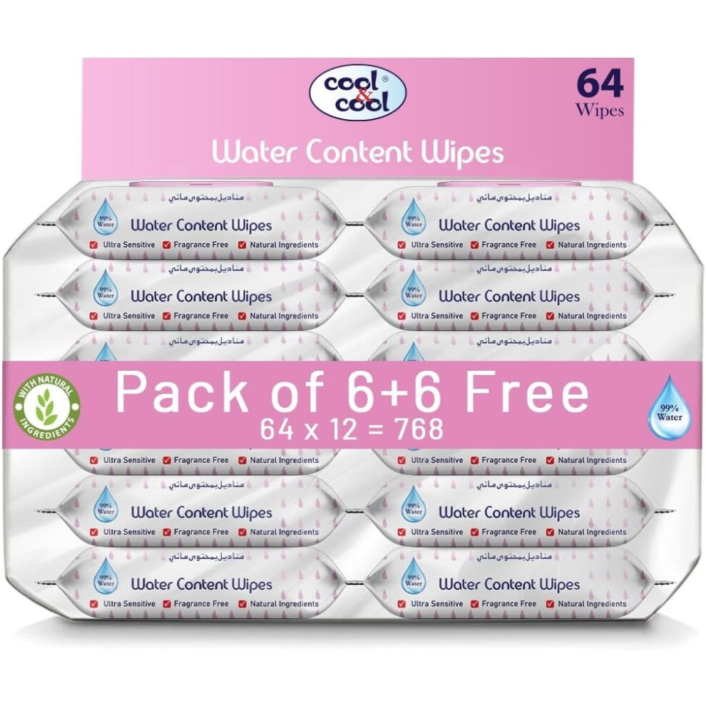 Cool & Cool Baby Water Content Wipes | 99% Water|Gentle baby Cleansing wipes - 64's (Pack of 6 + 6 Free)
