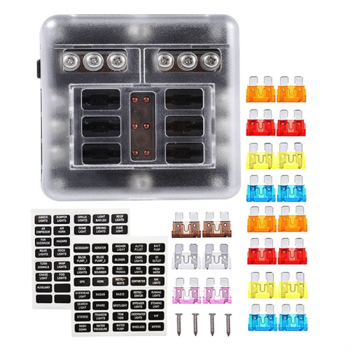 12V Fuse Block,Waterproof Boat Panel with LED Warning Indicator Proof Cover-6 Circuits Negative Bus Box
