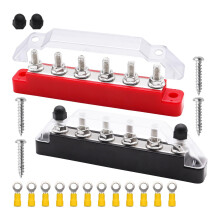 Batterie-Sammelschiene, 6 x 1/4 Zoll (M6) Anschlussbolzen, 12-V-Stromverteilungsblock mit Abdeckung und Ringkabelschuhen, max. 300 V AC