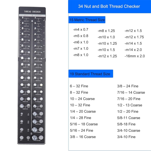 34 Nut and Bolt , Identification Tool Ruler, Size Thread Gauge Standard Metric 2