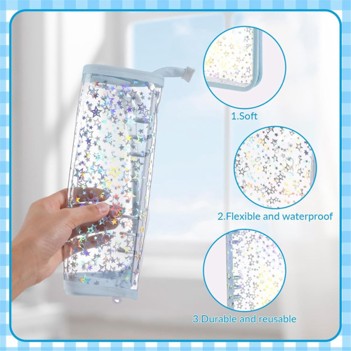 A5 Budget Binder Cover with Zipper, Glitter Stars 6 Ring Planner, Clear PVC Refillable Notebook Shell 2