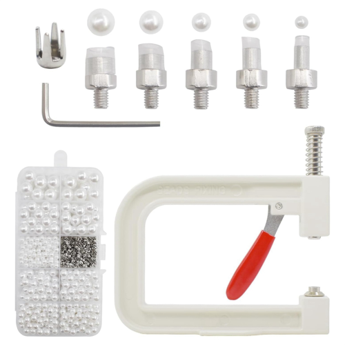 Pearl Setting Machine Hand Tools with 5 Size of Round White Beads Rivet Studs for Decorating Clothes