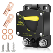 50-Ampere-Leistungsschalter mit manuellem Reset-Schalter, DC 12–48 V, hohe Stromstärke, mit Kabelschuhen, Kupferscheibe für Car Audio RV Marine