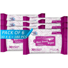 Cool & Cool Max Fresh Wipes - 30's (Pack of 6) - Convenient for Travel,Antibacterial Skin Wipes with Vitamin E,Aloe Vera Gel - 180 Wipes