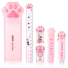 Niedliches Katzen-Schreibwarenset, 6-teilig, Kawaii-Schreibwarenset, Bleistiftspitzer, einziehbarer Radiergummi, Korrekturband, Lineal
