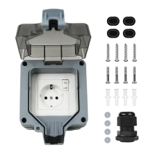 Presa esterna impermeabile a 1 via IP66 con spia luminosa e coperchio incernierato con spina UE bloccabile