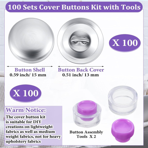 100 Sets Cover Buttons Kit with Tools Size to Self DIY Fabric Cloth 0.59 Inch 2