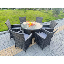 Fimous 7-Piece PE Rattan Garden Furniture with Big Round Gas Firepit Table and 6 Chairs for Patio Dark Grey Mixed