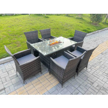 Fimous Rattan Garden Furniture Dining Set 6-seater Patio Rectangular Gas Firepit Table Chairs Outdoor Dark Grey Mixed