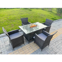 Fimous Rattan Garden Furniture Dining Set 4-seater Patio Rectangular Gas Firepit Table Chairs Outdoor Dark Grey Mixed