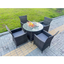 Fimous 5-Piece PE Rattan Garden Furniture with Big Round Gas Firepit Table and 6 Chairs for Patio Dark Grey Mixed
