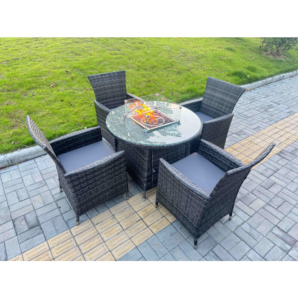 Fimous 5-Piece Pe Rattan Garden Furniture With Big Round Gas Firepit Table And 6 Chairs For Patio Dark Mixed Grey Size 5