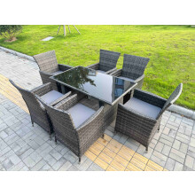 Fimous Rattan Garden Furniture Dining Set 6-seater Patio Black Glass Table Chairs Outdoor Dark Grey Mixed