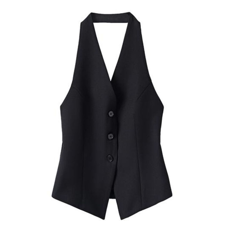 (black, M) Women's Halter V Neck Suit Vest Button Down Backless Blazer Waistcoat Sleeveless
