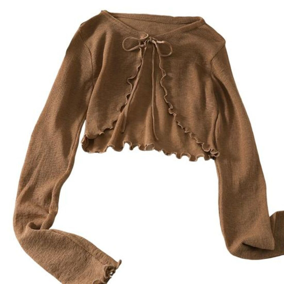 (coffee) Sun Knit Cardigan For Women Tie Front Long Sleeve Sheer Mesh Beach