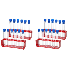 2 sets 15x100mm plastic reageerbuizen met doppen en houder met 6 gaten