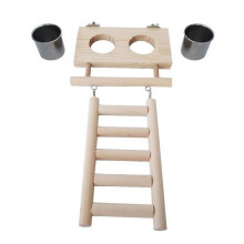 Birds Food Dish Stainless Steel Feeding Cups with Wood Platform and Ladder