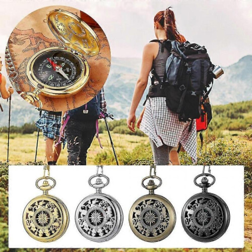 (gold)Engrave Pocket Watch Compass Retro Hiking Belt Chain Camp Compass For Sailing 1
