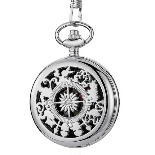 (silvery) Engrave Pocket Watch Compass Retro Hiking Belt Chain Camp Compass For Sailing