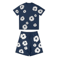 (M, blue) Women's And Men's Casual Loose Fitting Printed T-shirt And Shorts Two-Piece Street Fashion Trend Short Sleeves+shorts