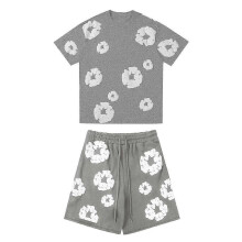 (L, gray) Women's And Men's Casual Loose Fitting Printed T-shirt And Shorts Two-Piece Street Fashion Trend Short Sleeves+shorts