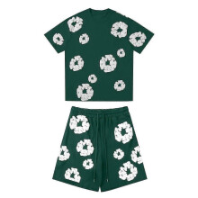 (S, green) Women's And Men's Casual Loose Fitting Printed T-shirt And Shorts Two-Piece Street Fashion Trend Short Sleeves+shorts