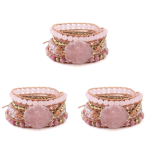 Natural Bracelet Pink Quartz Leather Wrap for Women Crystal