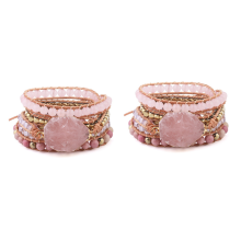 Natural Bracelet Pink Quartz Leather Wrap for Women Crystal