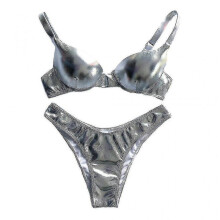 (L, Silver) Women Shiny Metallic Bikini Swimsuit Cheeky Low Waist Underwire Padded Swimwear - Q1