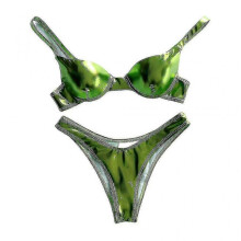(M, Green) Women Shiny Metallic Bikini Swimsuit Cheeky Low Waist Underwire Padded Swimwear - Q1