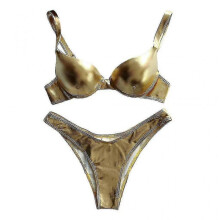 (M, Gold) Women Shiny Metallic Bikini Swimsuit Cheeky Low Waist Underwire Padded Swimwear - Q1