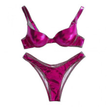 (M, Rose Red) Women Shiny Metallic Bikini Swimsuit Cheeky Low Waist Underwire Padded Swimwear - Q1