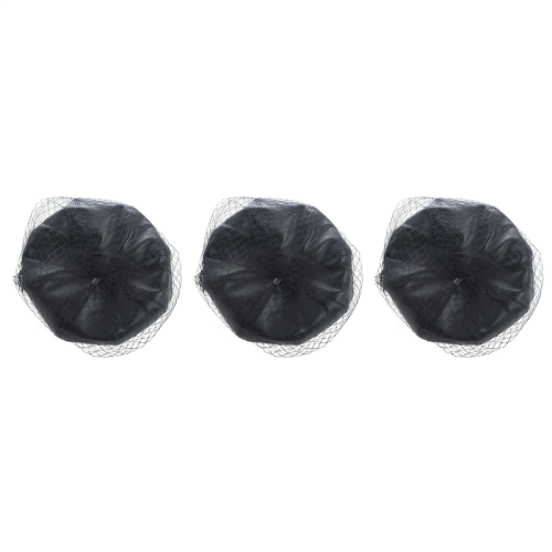 Black Leather Beret With Veil Mesh Show Double Layer Women Beret