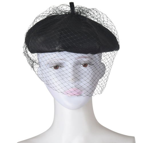 Black Leather Beret With Veil Mesh Show Double Layer Women Beret 2